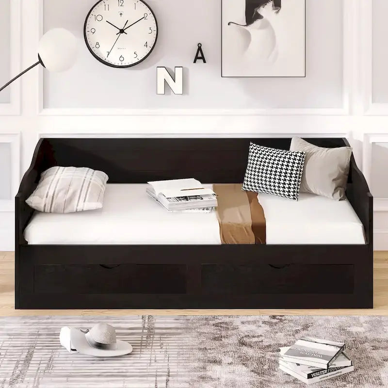 Solid Wood Daybed with Extendable Trundle & 2 Storage Drawers – Twin to King Convertible