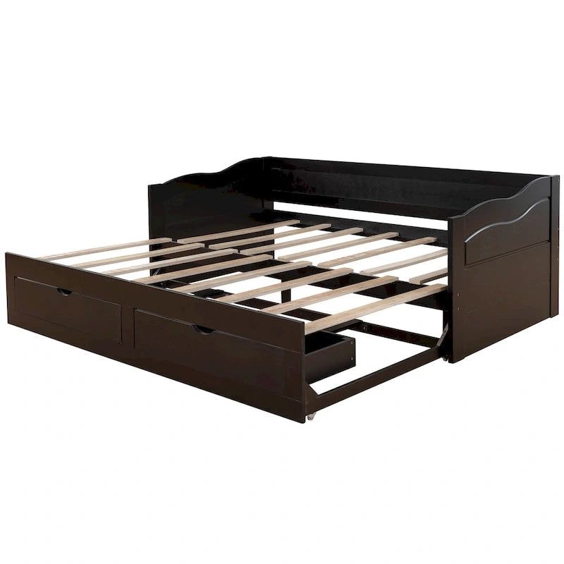 Solid Wood Daybed with Extendable Trundle & 2 Storage Drawers – Twin to King Convertible