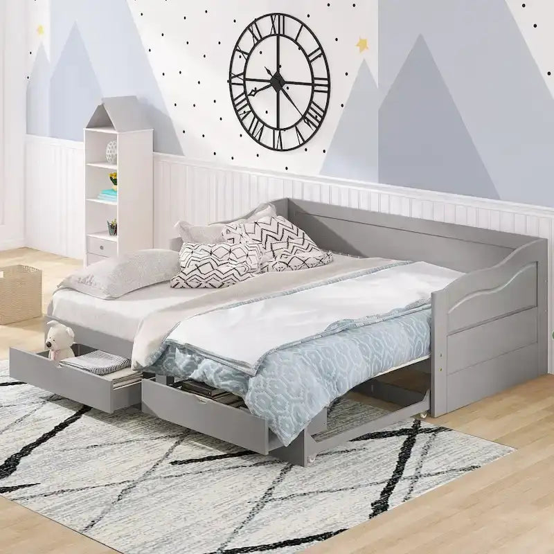Solid Wood Daybed with Extendable Trundle & 2 Storage Drawers – Twin to King Convertible