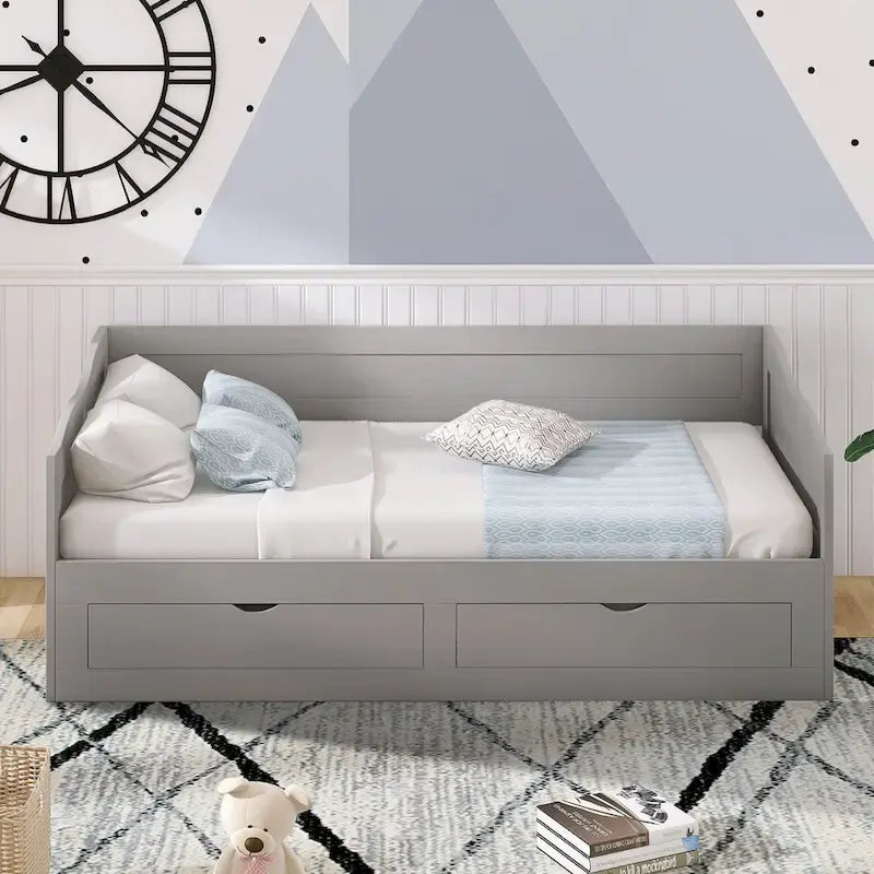 Solid Wood Daybed with Extendable Trundle & 2 Storage Drawers – Twin to King Convertible