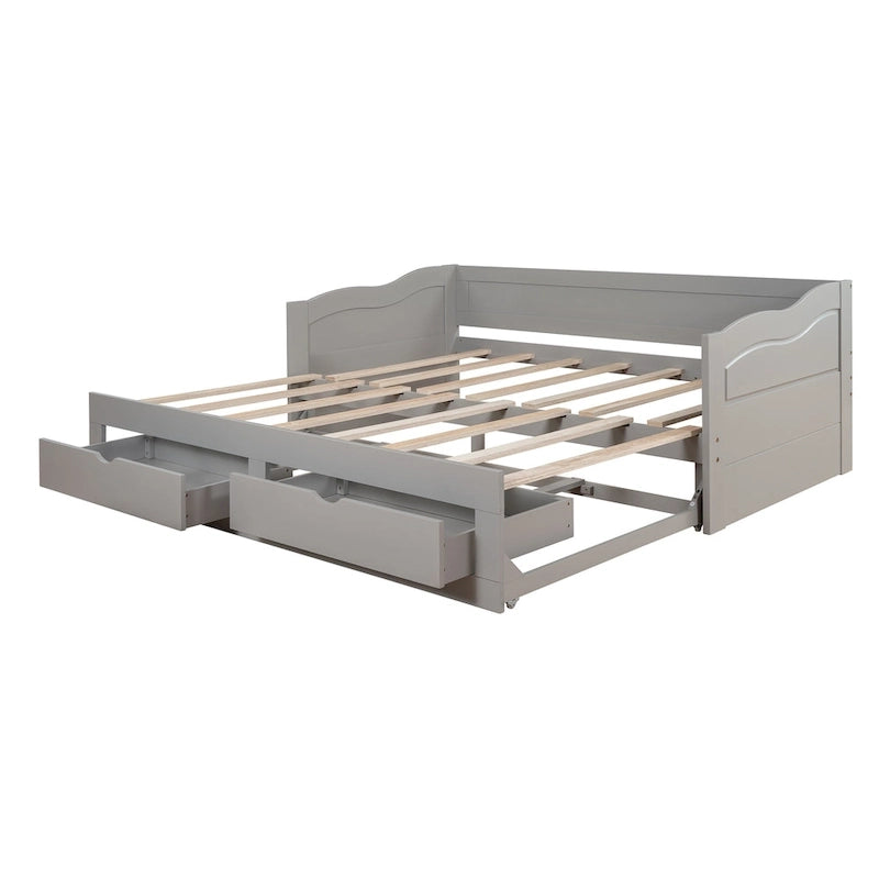 Solid Wood Daybed with Extendable Trundle & 2 Storage Drawers – Twin to King Convertible