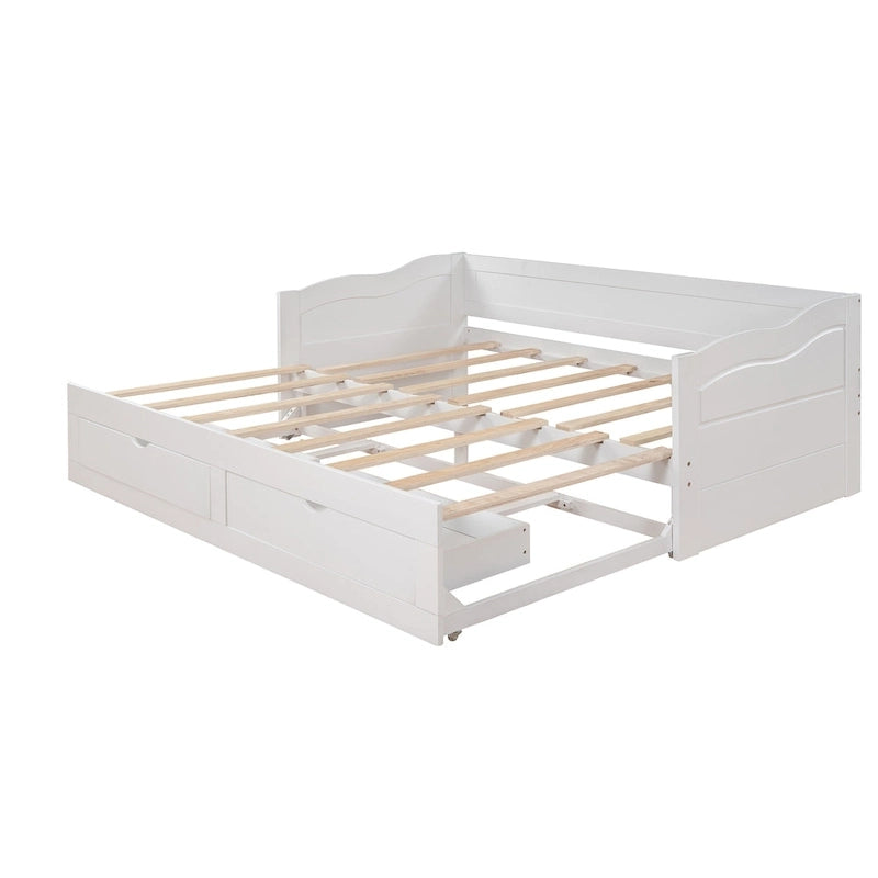 Solid Wood Daybed with Extendable Trundle & 2 Storage Drawers – Twin to King Convertible