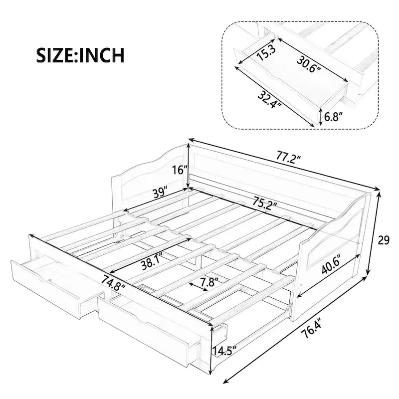 Solid Wood Daybed with Extendable Trundle & 2 Storage Drawers – Twin to King Convertible
