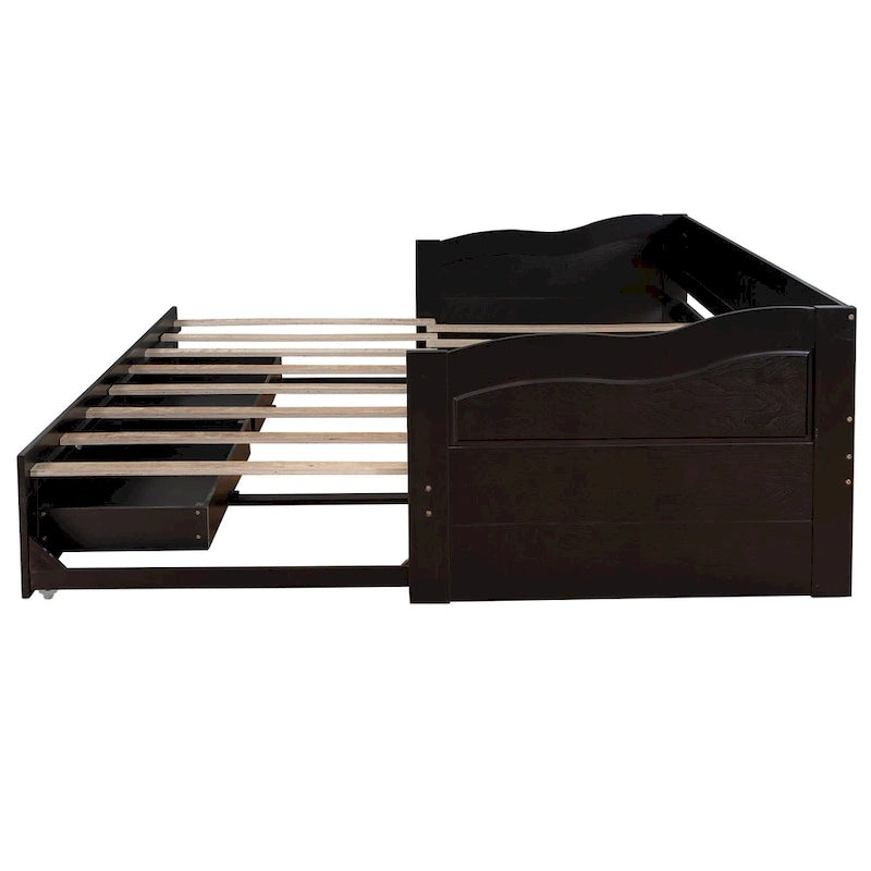 Solid Wood Daybed with Extendable Trundle & 2 Storage Drawers – Twin to King Convertible