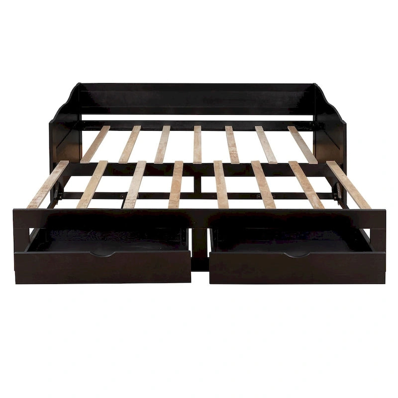 Solid Wood Daybed with Extendable Trundle & 2 Storage Drawers – Twin to King Convertible