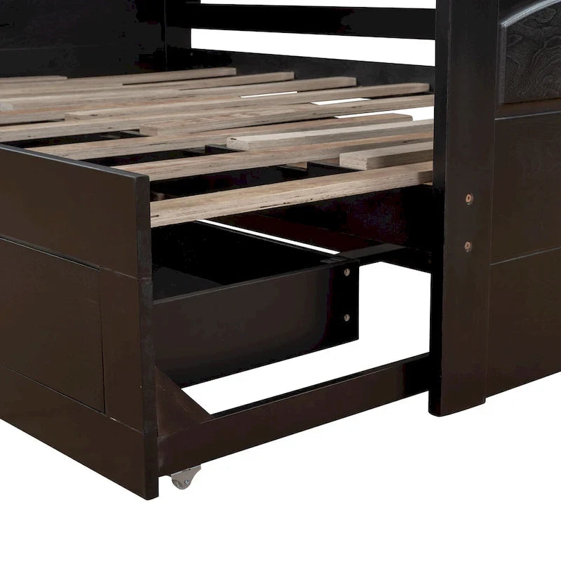 Solid Wood Daybed with Extendable Trundle & 2 Storage Drawers – Twin to King Convertible