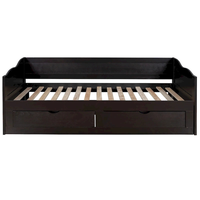 Solid Wood Daybed with Extendable Trundle & 2 Storage Drawers – Twin to King Convertible