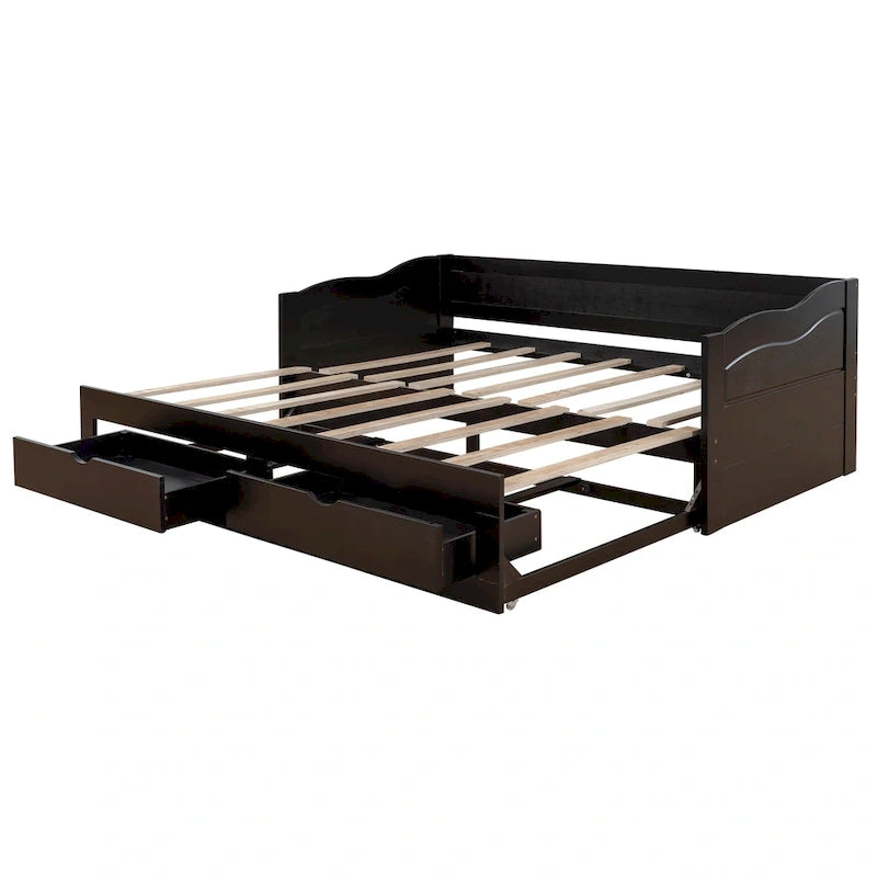 Solid Wood Daybed with Extendable Trundle & 2 Storage Drawers – Twin to King Convertible