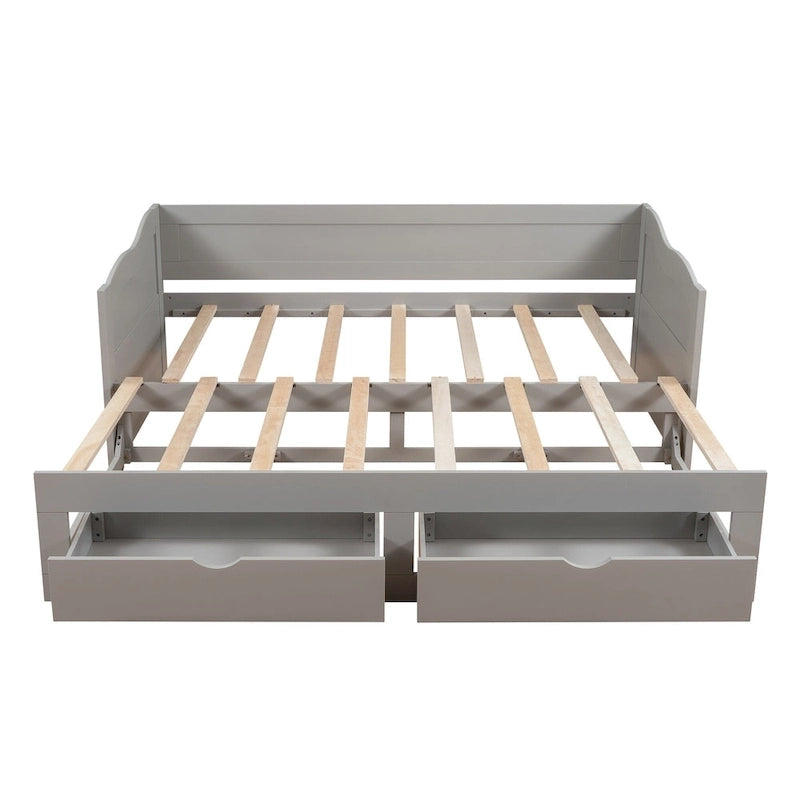 Solid Wood Daybed with Extendable Trundle & 2 Storage Drawers – Twin to King Convertible