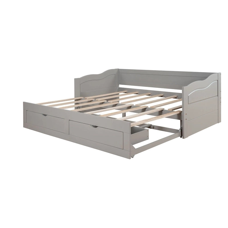 Solid Wood Daybed with Extendable Trundle & 2 Storage Drawers – Twin to King Convertible