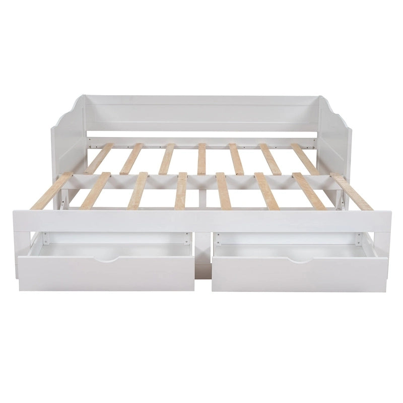 Solid Wood Daybed with Extendable Trundle & 2 Storage Drawers – Twin to King Convertible