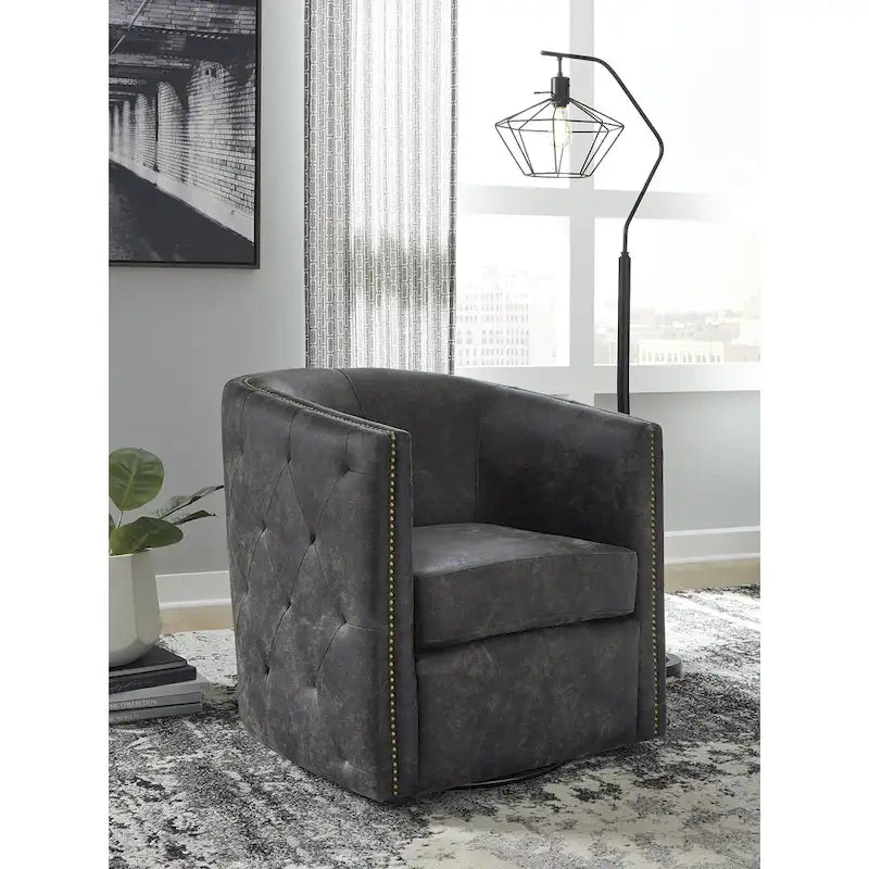 Vintage Barrel Back Swivel Accent Chair – Distressed Black Faux Leather & Brass Nailhead Detail