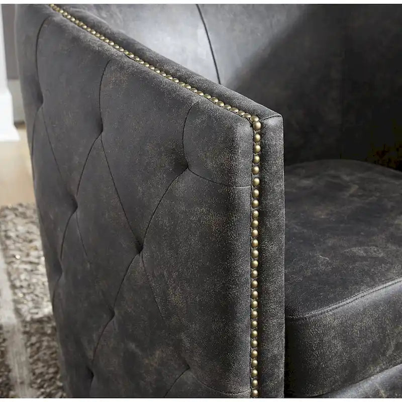 Vintage Barrel Back Swivel Accent Chair – Distressed Black Faux Leather & Brass Nailhead Detail