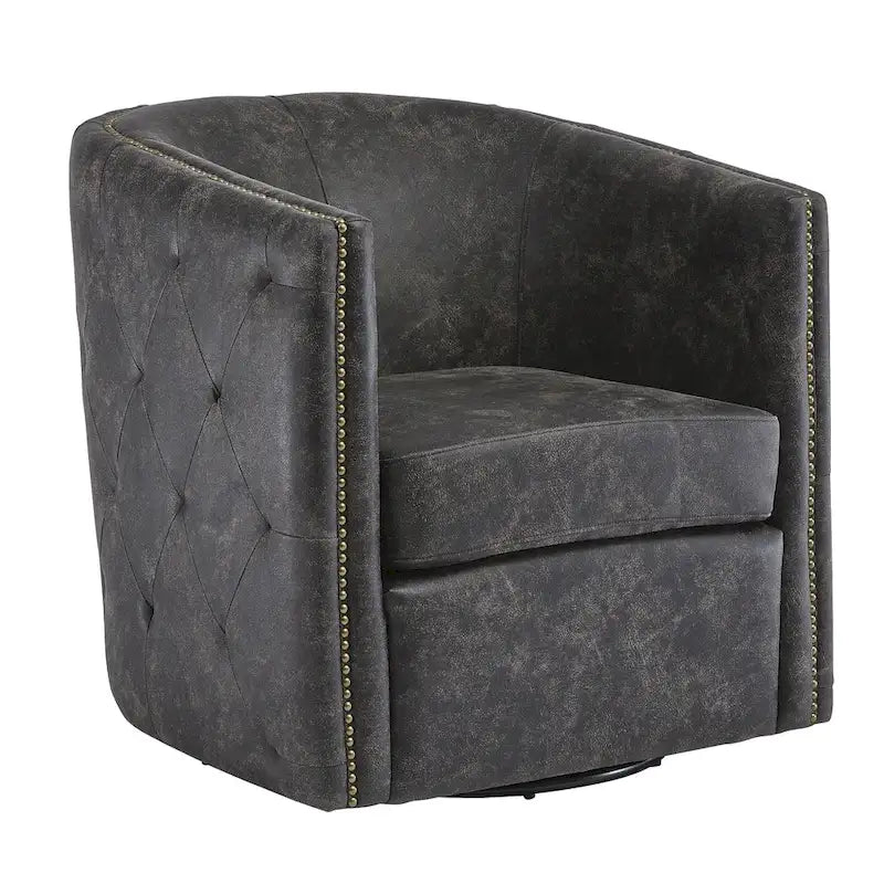 Vintage Barrel Back Swivel Accent Chair – Distressed Black Faux Leather & Brass Nailhead Detail