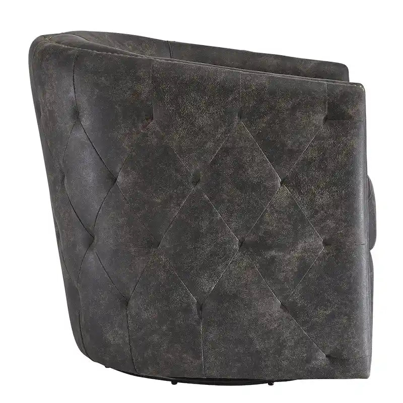 Vintage Barrel Back Swivel Accent Chair – Distressed Black Faux Leather & Brass Nailhead Detail