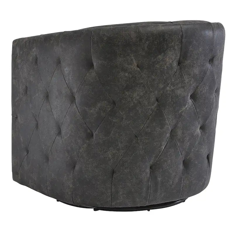 Vintage Barrel Back Swivel Accent Chair – Distressed Black Faux Leather & Brass Nailhead Detail