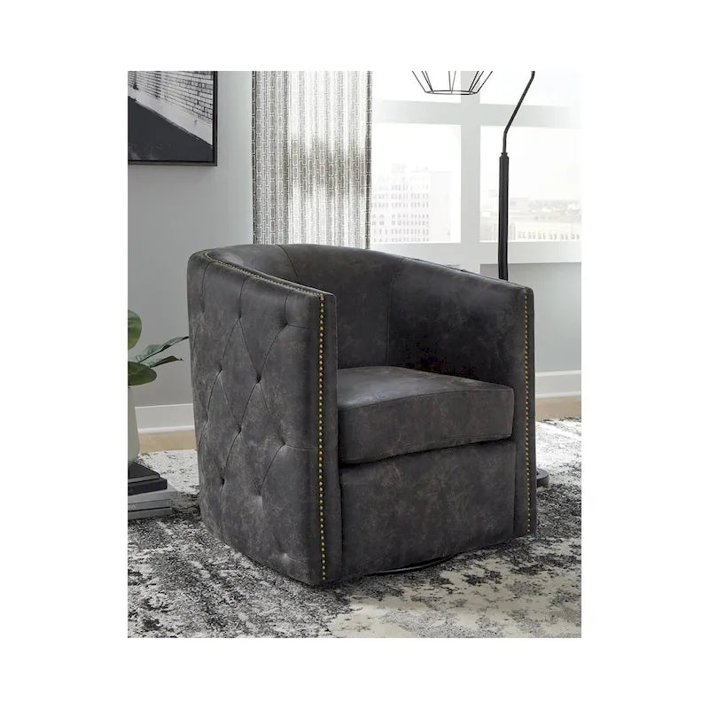 Vintage Barrel Back Swivel Accent Chair – Distressed Black Faux Leather & Brass Nailhead Detail
