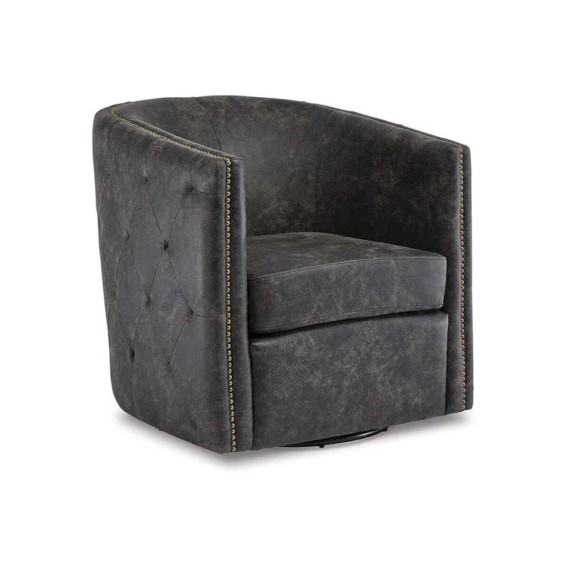 Vintage Barrel Back Swivel Accent Chair – Distressed Black Faux Leather & Brass Nailhead Detail