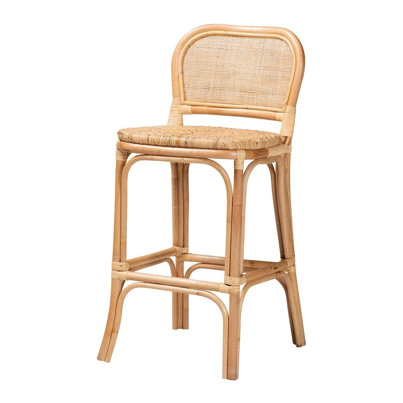 Bohemian Natural Rattan Bar Stool – Round Woven Back & Footrest, Bar or Counter Height
