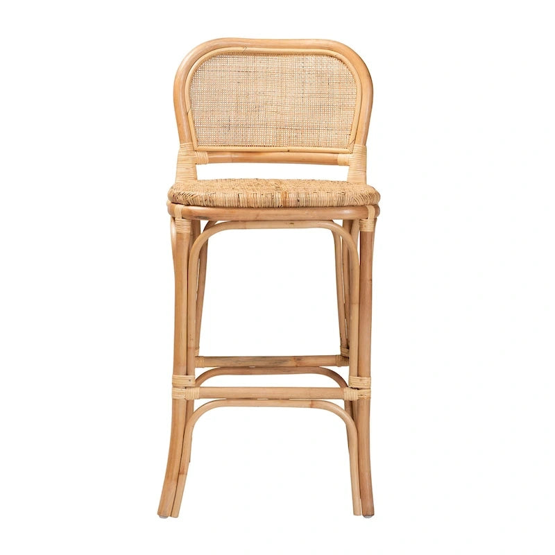 Bohemian Natural Rattan Bar Stool – Round Woven Back & Footrest, Bar or Counter Height