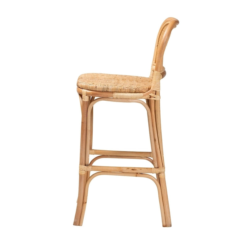 Bohemian Natural Rattan Bar Stool – Round Woven Back & Footrest, Bar or Counter Height