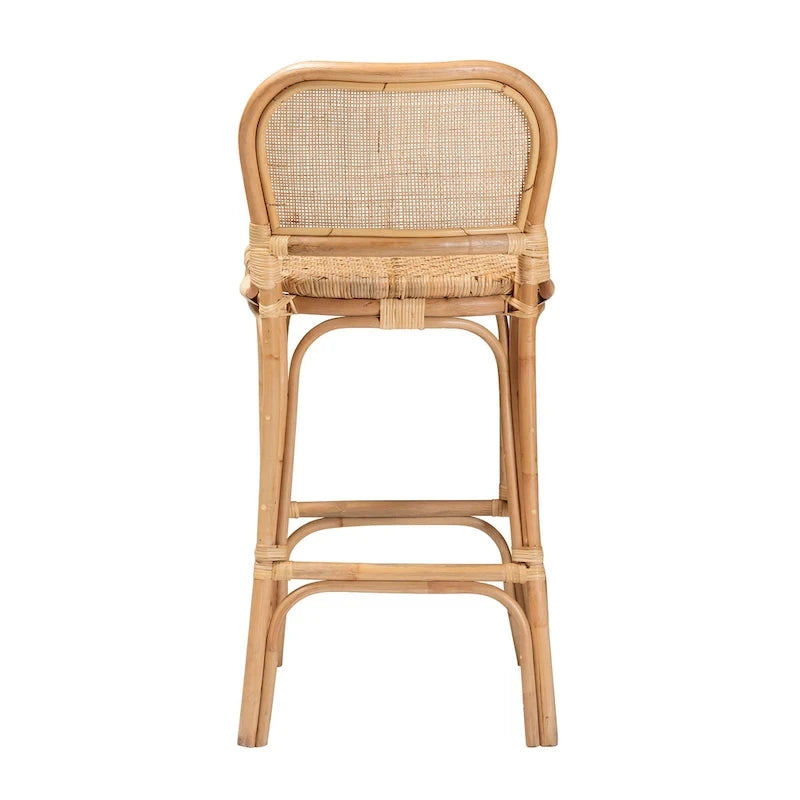 Bohemian Natural Rattan Bar Stool – Round Woven Back & Footrest, Bar or Counter Height