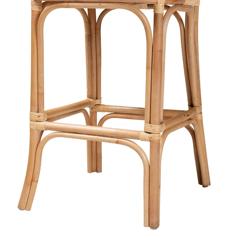 Bohemian Natural Rattan Bar Stool – Round Woven Back & Footrest, Bar or Counter Height