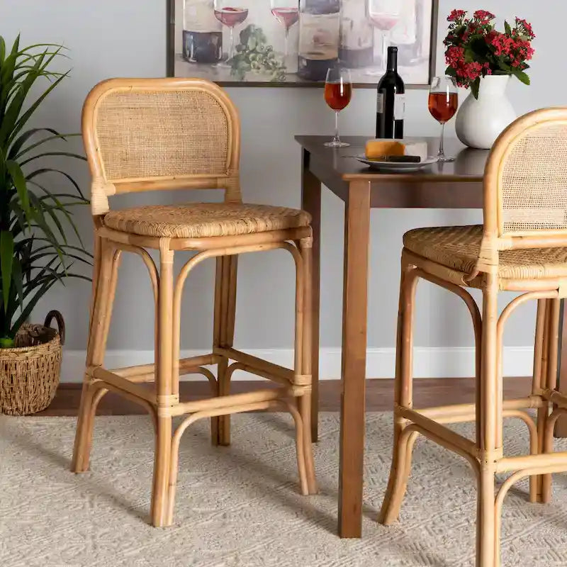 Bohemian Natural Rattan Bar Stool – Round Woven Back & Footrest, Bar or Counter Height