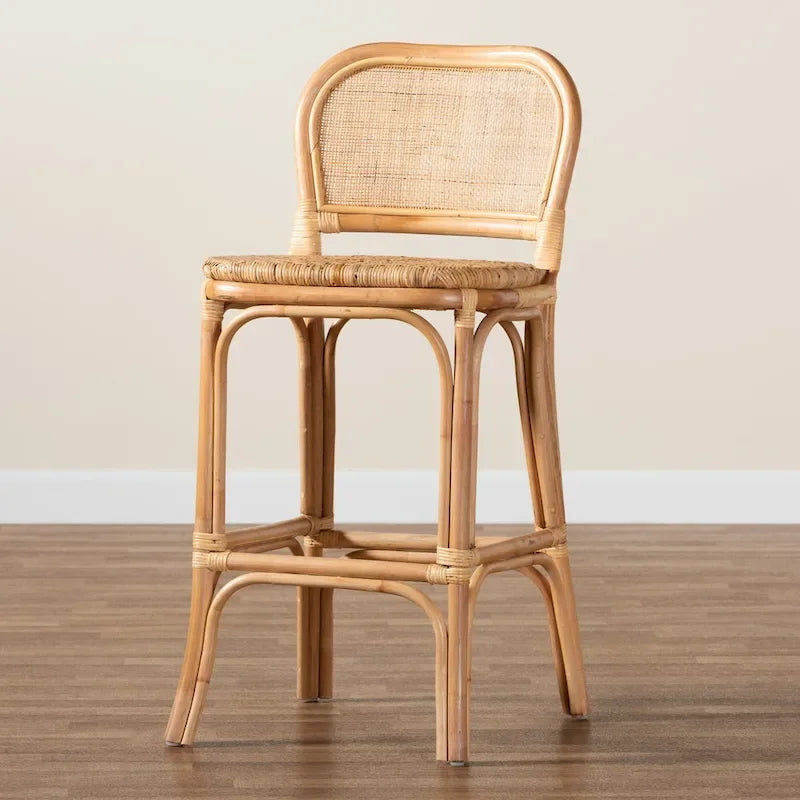 Bohemian Natural Rattan Bar Stool – Round Woven Back & Footrest, Bar or Counter Height