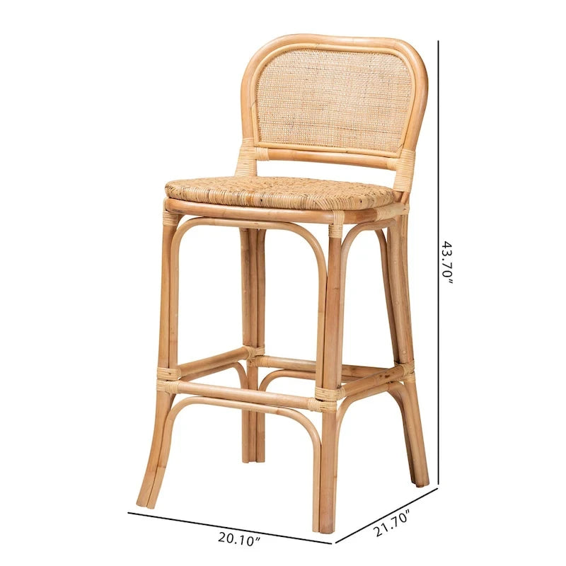 Bohemian Natural Rattan Bar Stool – Round Woven Back & Footrest, Bar or Counter Height