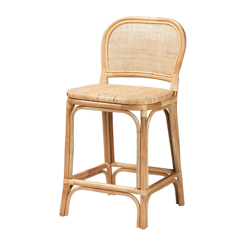 Bohemian Natural Rattan Bar Stool – Round Woven Back & Footrest, Bar or Counter Height