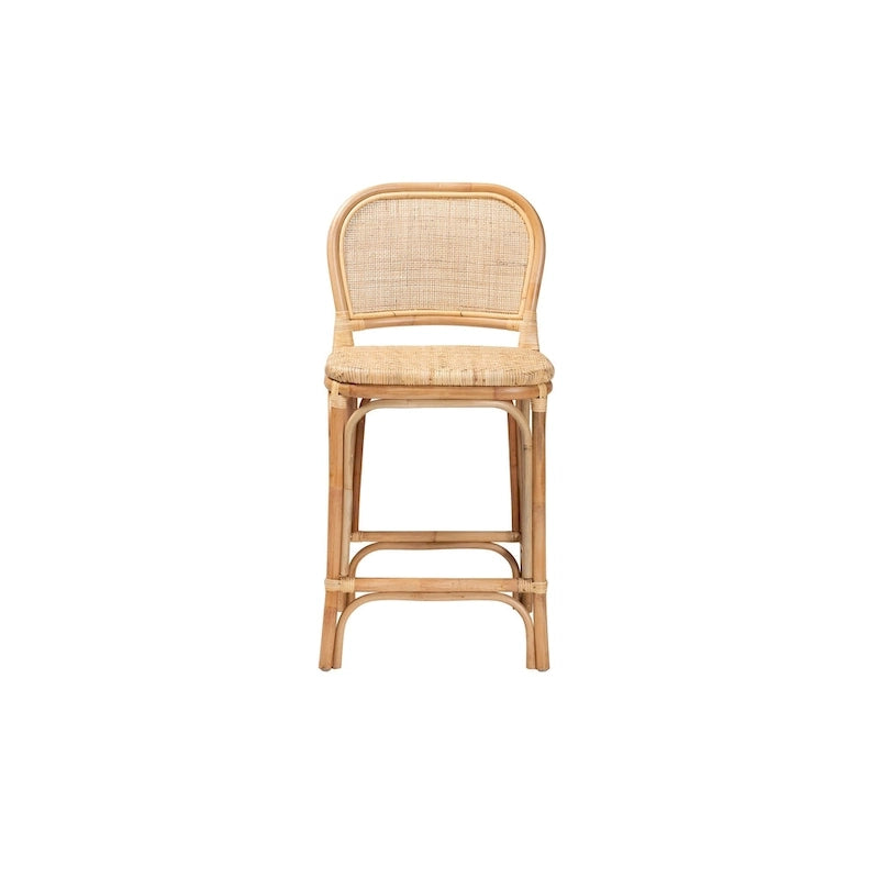 Bohemian Natural Rattan Bar Stool – Round Woven Back & Footrest, Bar or Counter Height