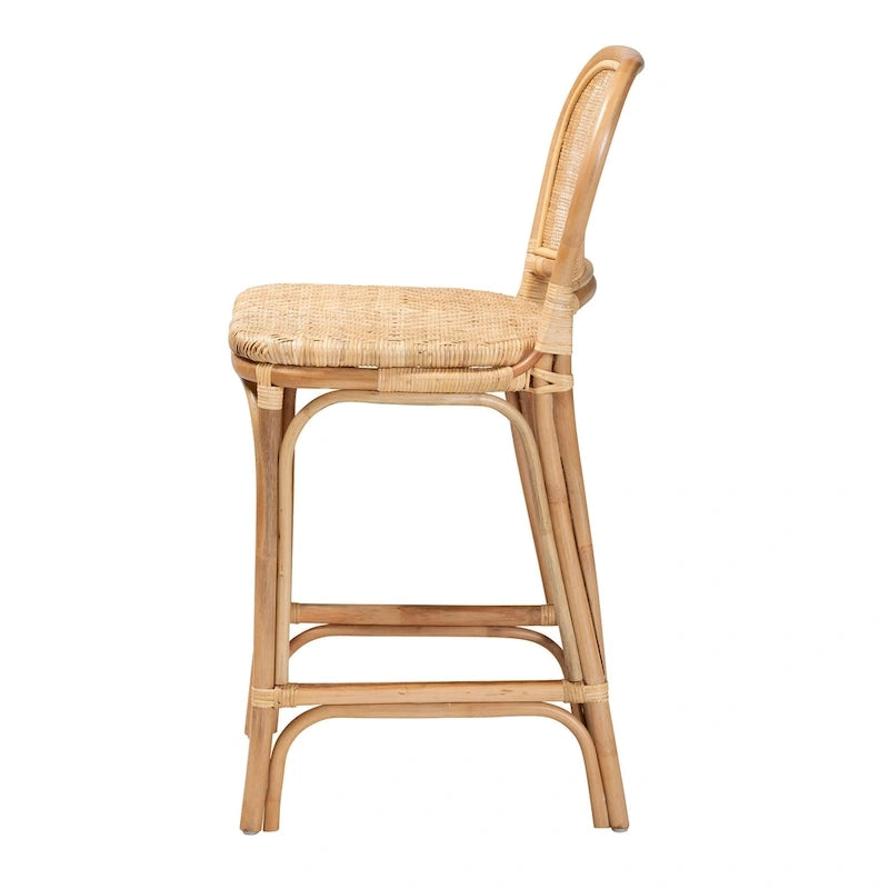 Bohemian Natural Rattan Bar Stool – Round Woven Back & Footrest, Bar or Counter Height