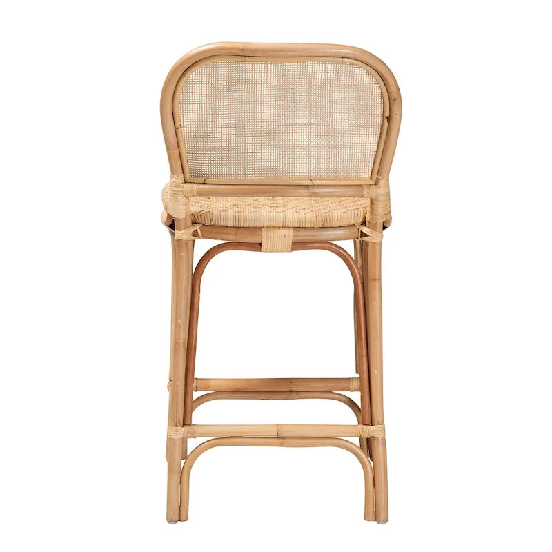 Bohemian Natural Rattan Bar Stool – Round Woven Back & Footrest, Bar or Counter Height