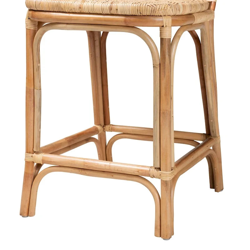 Bohemian Natural Rattan Bar Stool – Round Woven Back & Footrest, Bar or Counter Height