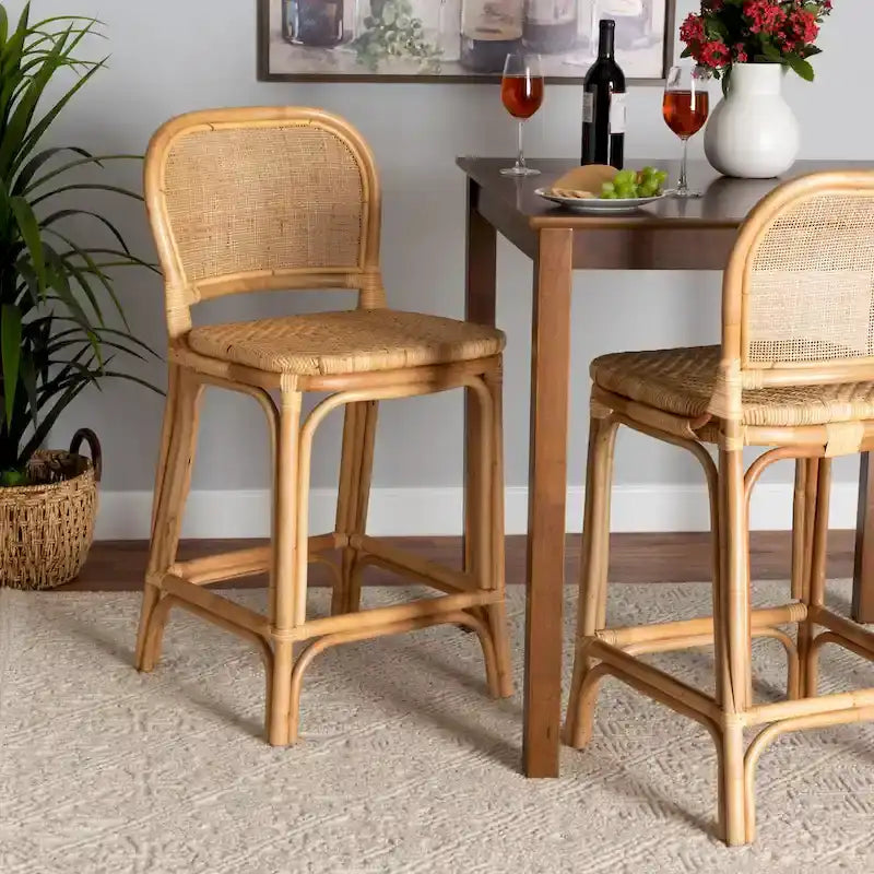 Bohemian Natural Rattan Bar Stool – Round Woven Back & Footrest, Bar or Counter Height