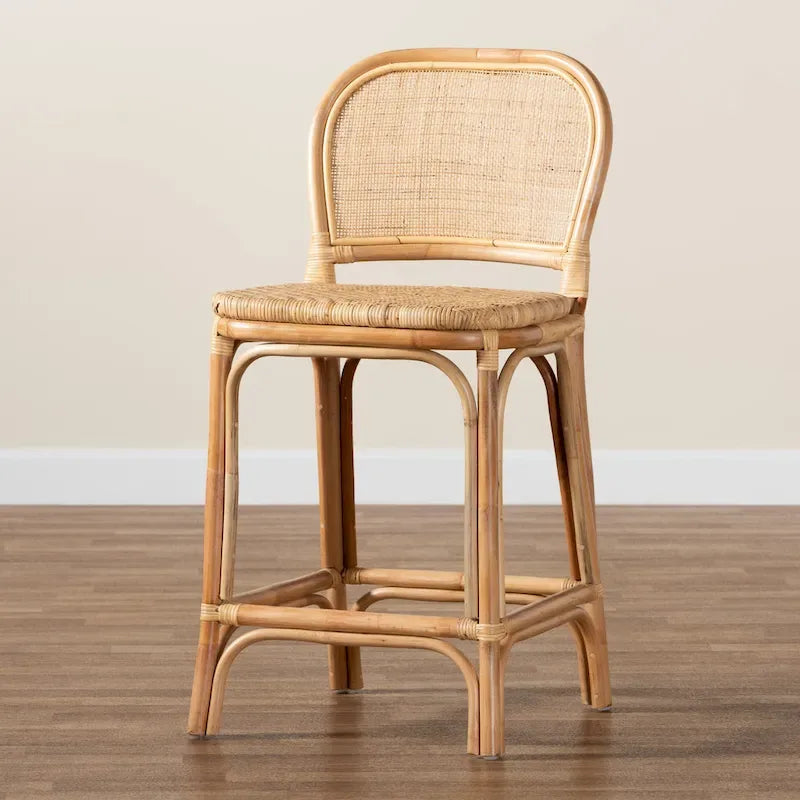 Bohemian Natural Rattan Bar Stool – Round Woven Back & Footrest, Bar or Counter Height