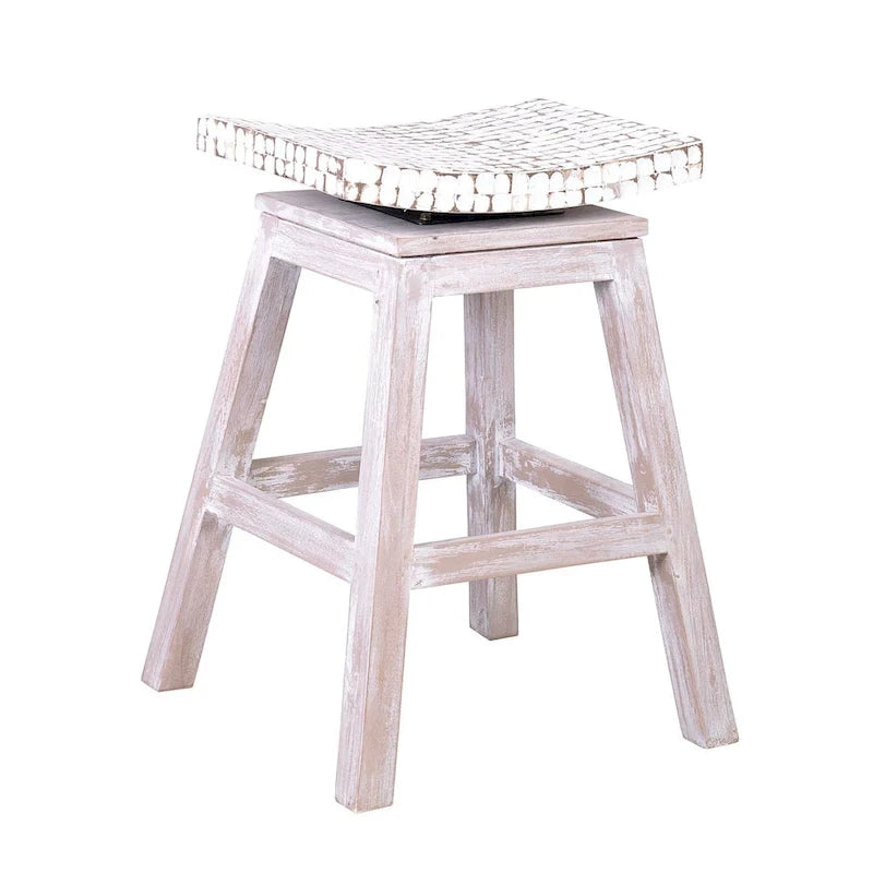 Coconut Shell Saddle Seat Counter Stool – Mango Wood Base, Backless Coastal Style
