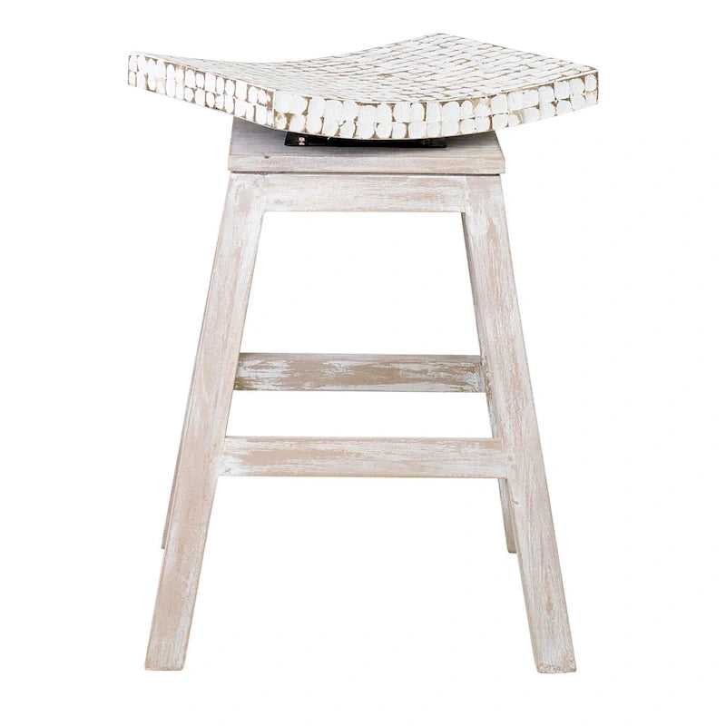 Coconut Shell Saddle Seat Counter Stool – Mango Wood Base, Backless Coastal Style