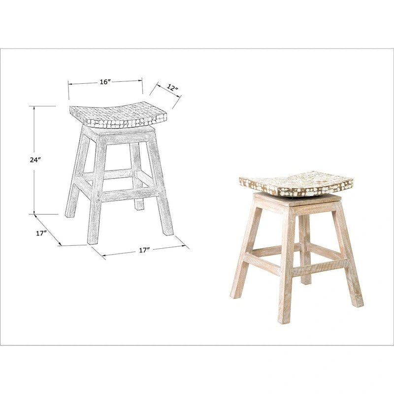 Coconut Shell Saddle Seat Counter Stool – Mango Wood Base, Backless Coastal Style