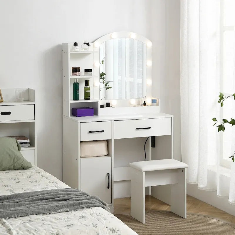 LED Lighted Mirror Vanity Table with Drawers & Storage Cabinet — White