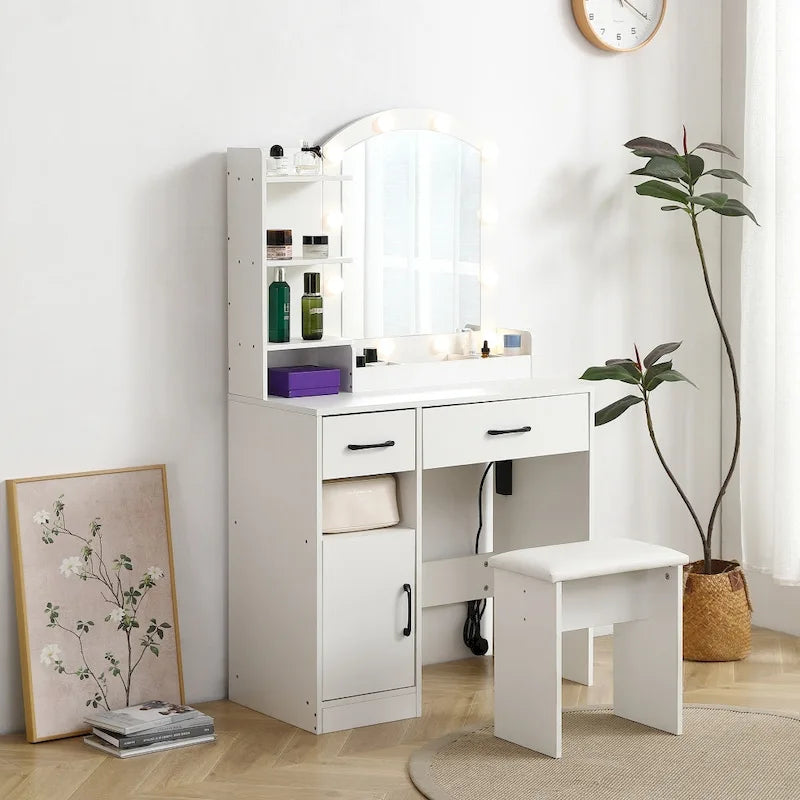 LED Lighted Mirror Vanity Table with Drawers & Storage Cabinet — White