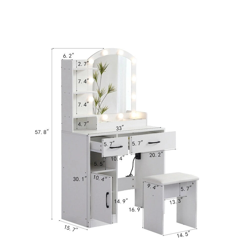 LED Lighted Mirror Vanity Table with Drawers & Storage Cabinet — White