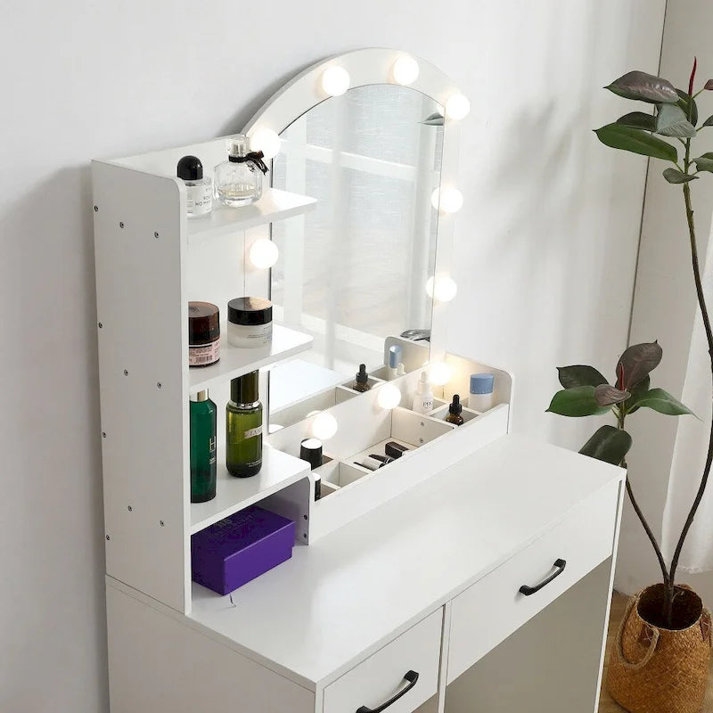 LED Lighted Mirror Vanity Table with Drawers & Storage Cabinet — White