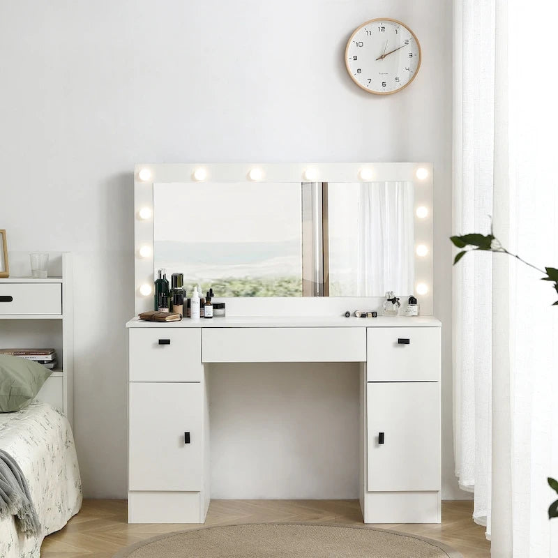 LED Lighted Mirror Vanity Table with Drawers & Storage Cabinet — White
