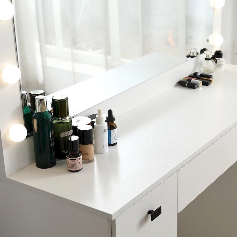 LED Lighted Mirror Vanity Table with Drawers & Storage Cabinet — White