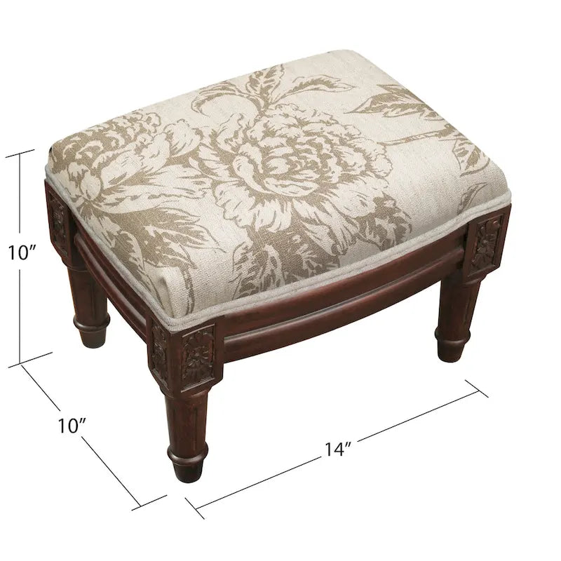 Peony Print Linen Upholstered Footstool with Natural Wood Stain Frame — Taupe