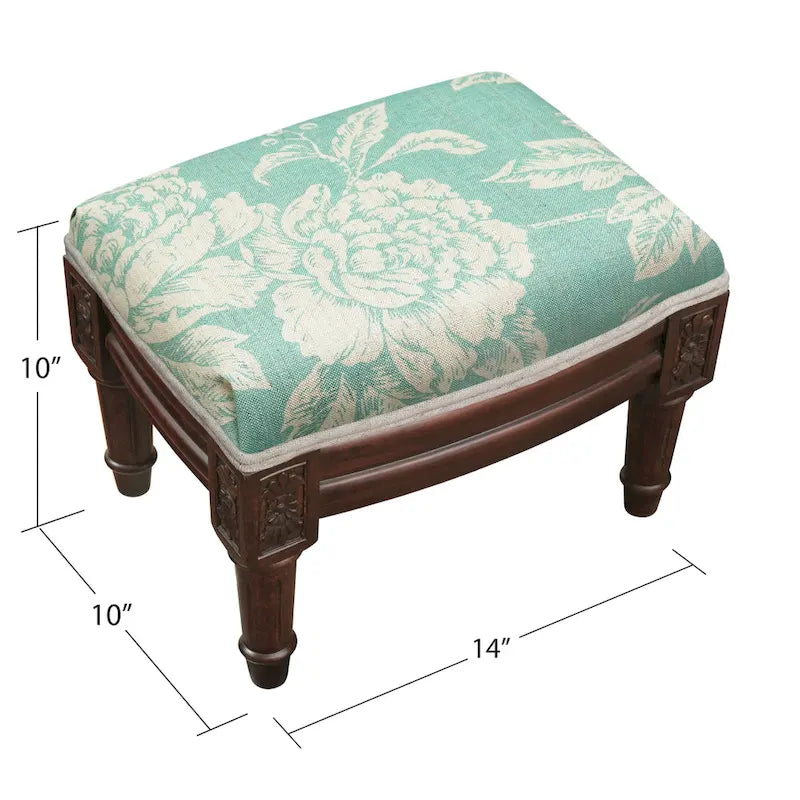 Peony Print Linen Footstool – Solid Wood Frame with Wood Stain Finish, Aqua