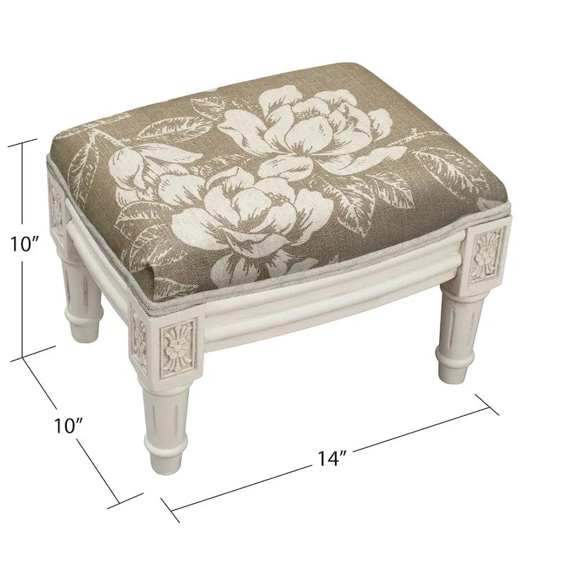 Magnolia Print Linen Upholstered Footstool with Antique White Wood Frame