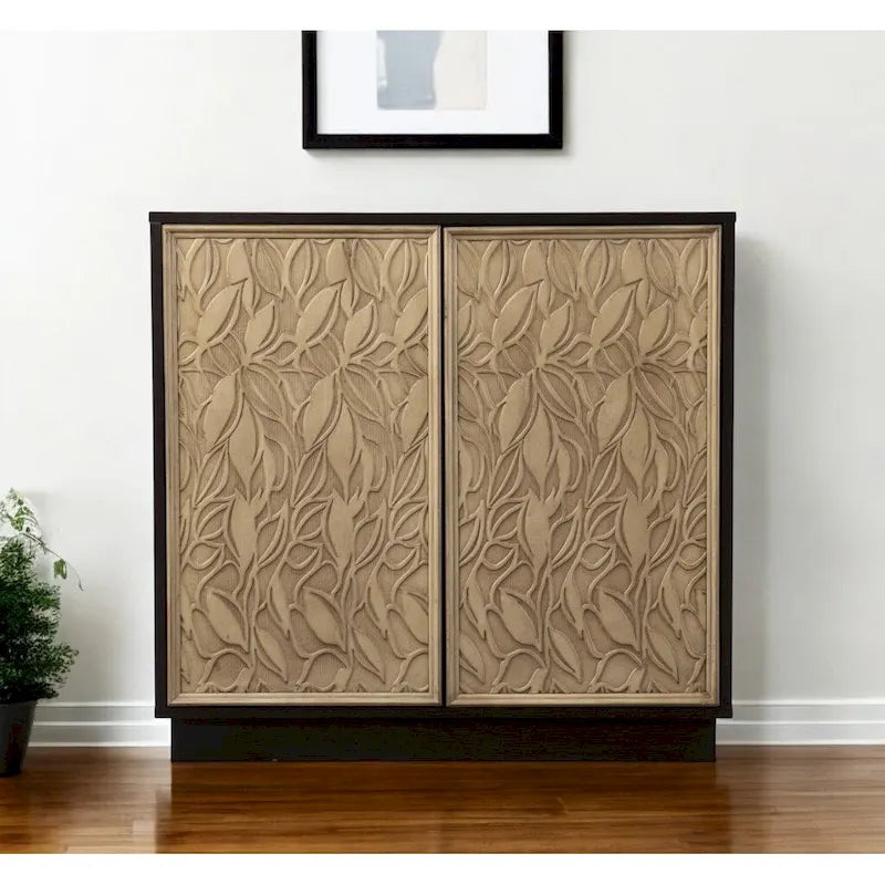 Double-Door Carved Floral Leaf Sideboard Cabinet — Dark Brown & Natural Two-Tone